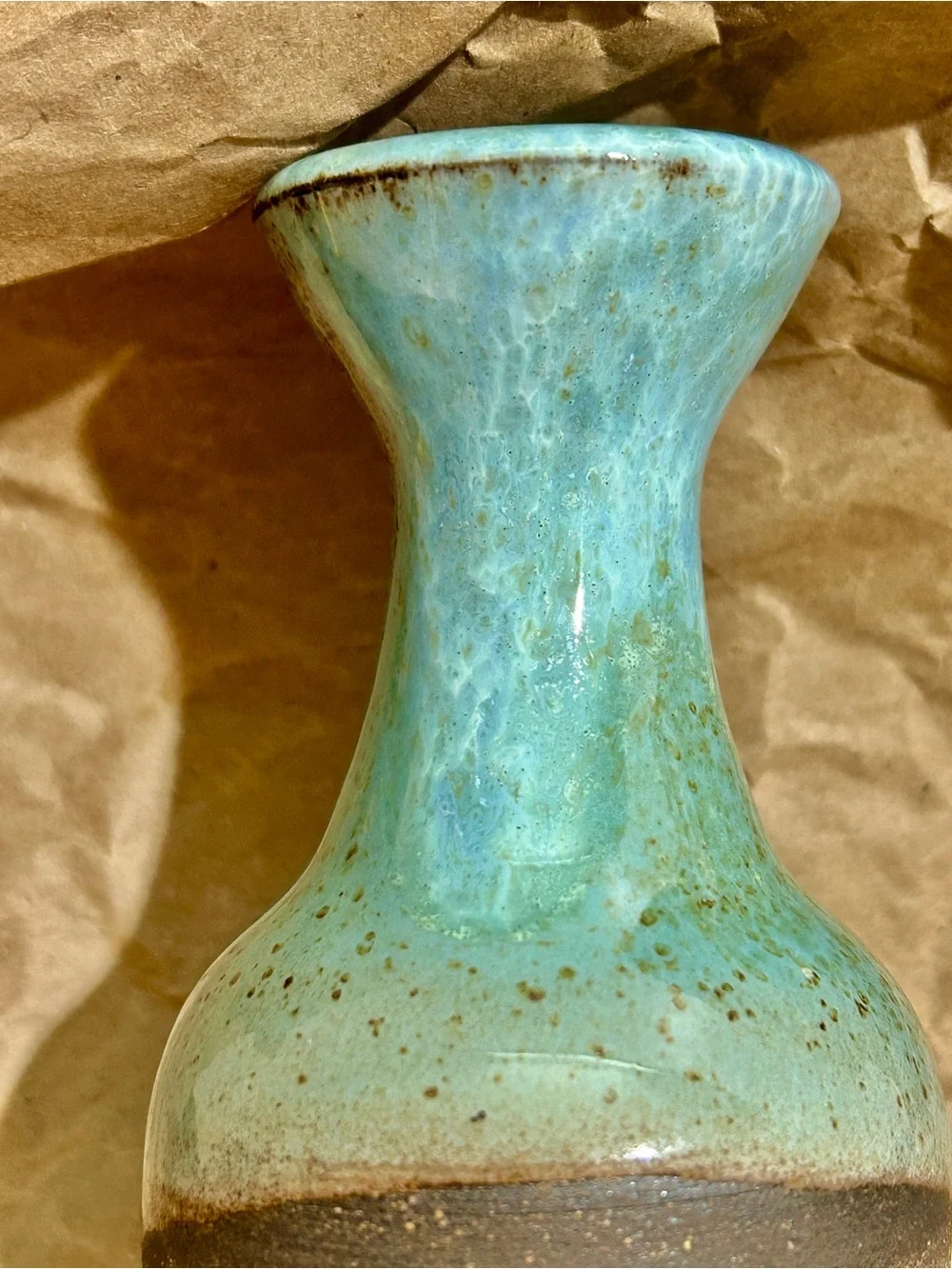 Signed Studio Art Pottery Bud Vase Turquoise 2Tone Speckled Glaze Stoneware 4.5”